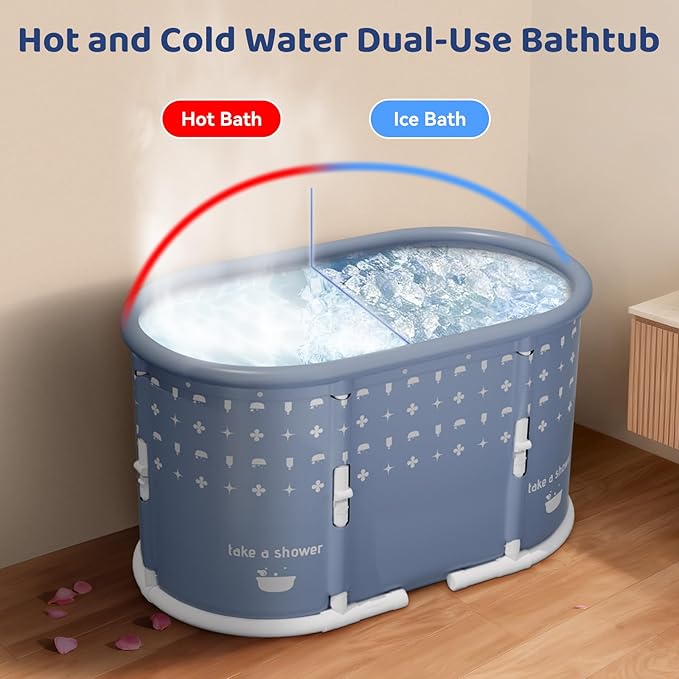 Portable Bathtub, Foldable Bathtub No Installation, Freestanding Shower Bathtubs with Cushion, Collapsible SPA Soaking Bath Tub, Hot & Ice Bath Tub for Indoor Outdoor (Water Pattern Blue)
