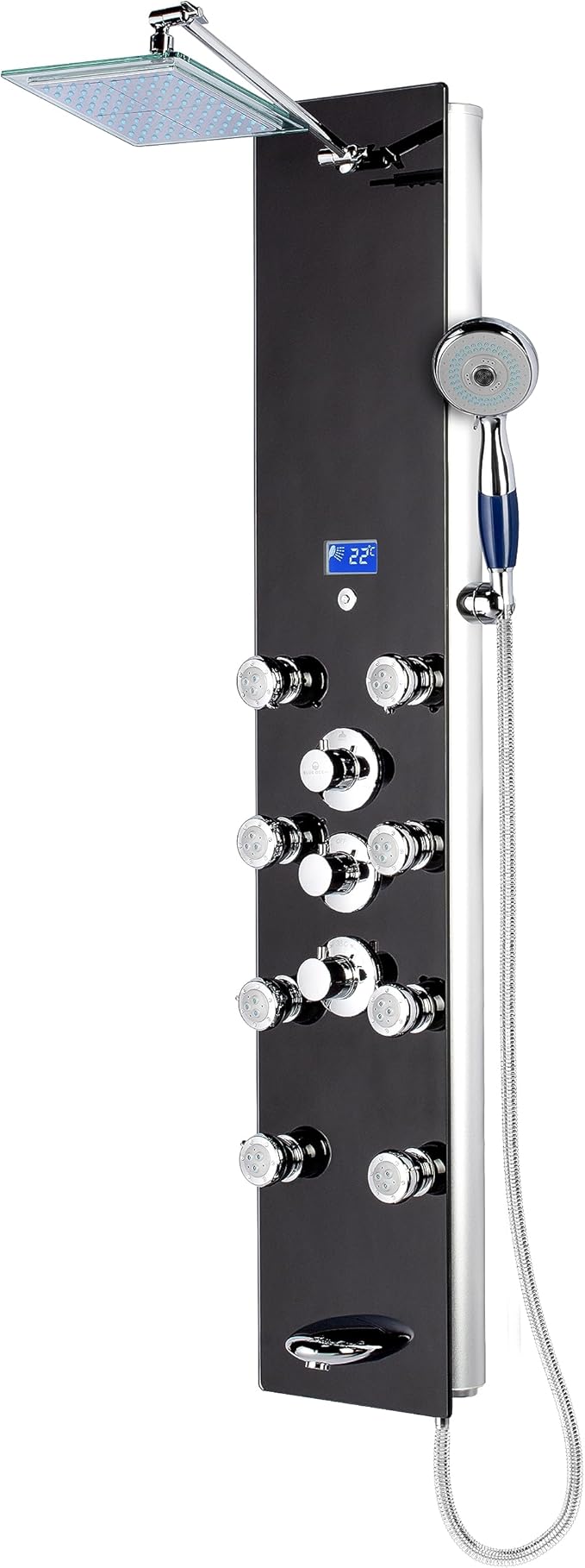 Blue Ocean 52” Aluminum SPA331B Tempered Glass Thermostatic Shower Panel Tower Column with Rainfall Shower Head, 8 Multi-Functional Nozzles, and Tub Spout (Premium Matte Black)