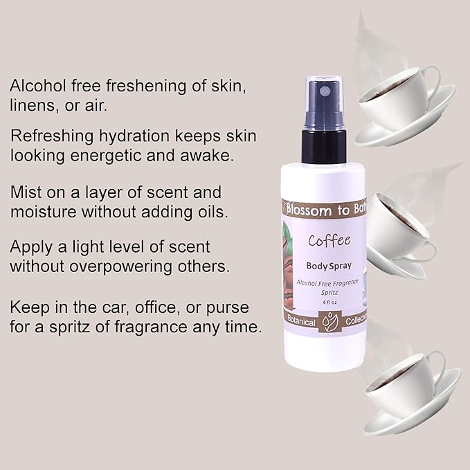 Blossom to Bath Coffee Body Spray (4 Ounce) - Natural Fragrance - Energizes Skin with a Rich Coffee-inspired Scent