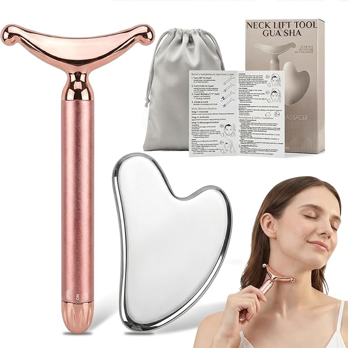 Rena Chris Gua Sha & Neck Lift Tool - Manual Face Massager & Jawline Sculptor for Puffiness - Handheld Stainless Steel Set for Skin Firming & Fine Lines