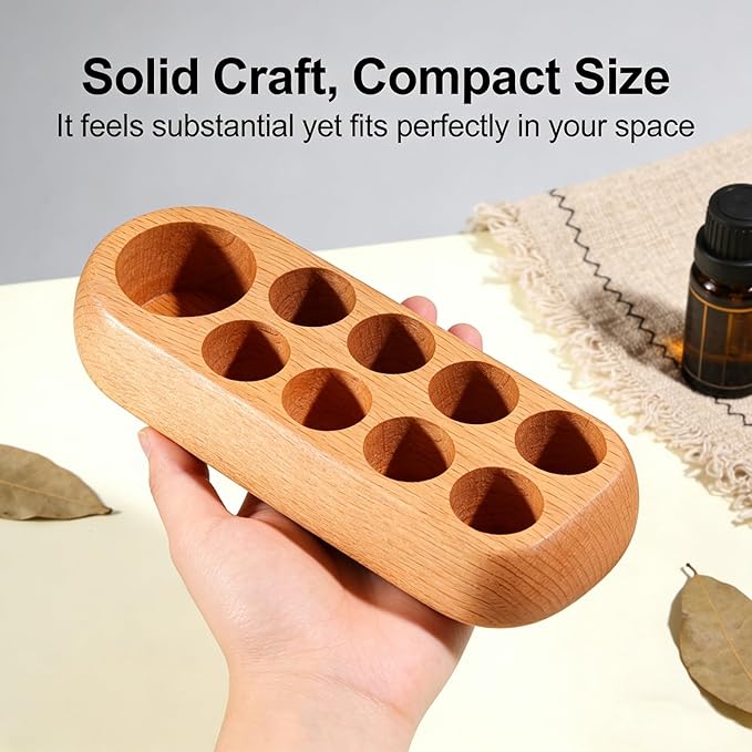 VolksRose 5~100ml 9 Holder Wooden Essential Oil Organizer - Storage Rack with Stickers - Elegant Travel & Display Stand for Essential Oils, Nail Polish, Perfume, Compact Shelf for Tabletop