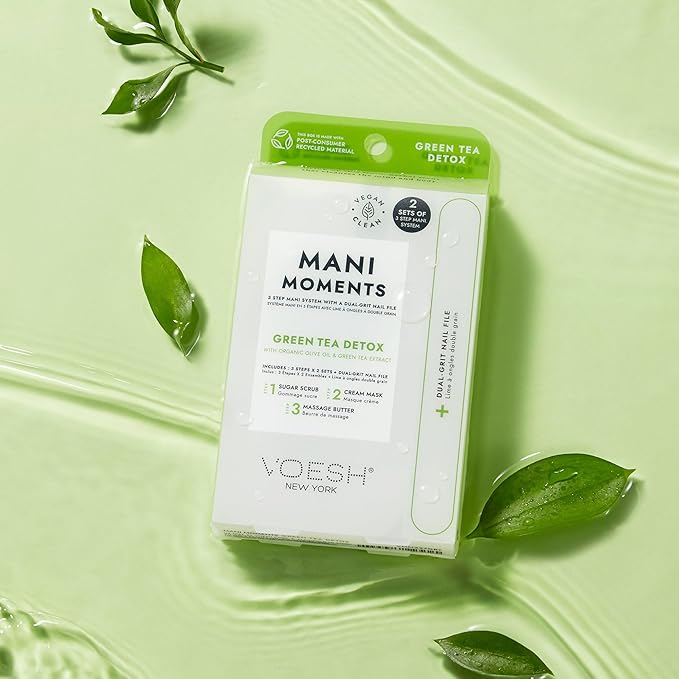 VOESH Mani Moments, Two Sets of Mani in a Box 3 Step + Nail File, Green Tea Detox, Manicure Kit, Hand Care, Nail Supplies, Home Manicure