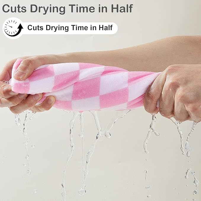 2 Pack Microfiber Hair Towel Wrap for Girls, Quick Dry Hair Turban for Kids, Absorbent Frizz-Free Hair Drying Towel with Button for Long Thick Curly Hair, Pink Brown Checkered