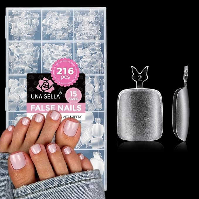 UNA GELLA Toe Nail Tips Full Cover, 216 Pcs Square Round Toe Nail Press Ons Clear Pre-shape Gel Toe Nail Tips Double Matte Acrylic Fake Toenails Extensions DIY Home Nail Salon for Women, 15 Sizes