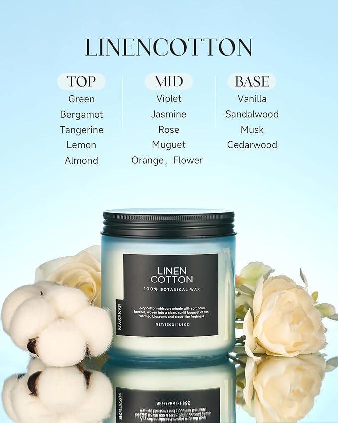 M&SENSE Fresh & Linen Cotton Scented Candles, 11.6oz Natural Soy Wax, 70-Hour Slow Burning, Clean Non Toxic Candle for Laundry, Aromatherapy Home Fragrance Gifts for Relxation Strees Relief