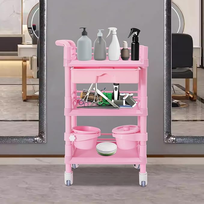 Salon Storage Cart, 3 Tier Rolling Beauty Organizer with 2 Garbage Baskets & 1 Drawer, 80kg/176.37lbs Capacity, Movable Storage Trolley for Beauty Salon SPA (Pink)
