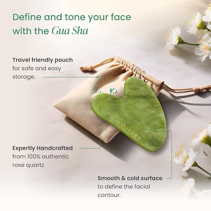 PLANTIFIQUE Massage Set: Jade Gua Sha & Korean Face Serum with Jojoba Oil, Hyaluronic Acid and Niacinamide for Glowing Skin (30ml) - Skincare Gifts for Women, Moms, Teens