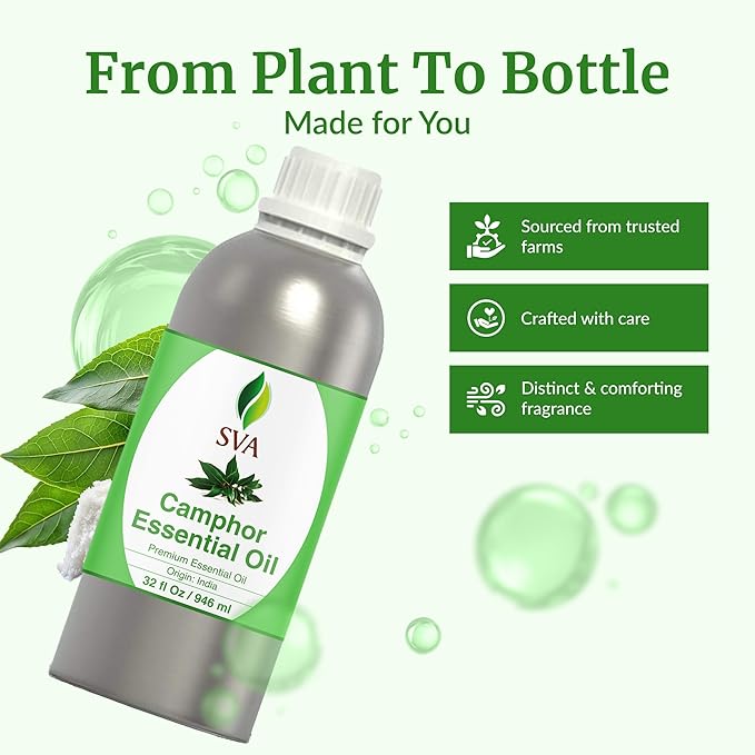 SVA Camphor Essential Oil – 32 Fl Oz – 100% Natural Camphor Oil - for Diffuser, Hair Care, Face, Skin Care, Aromatherapy, Scalp and Body Massage, Soap and Candle Making