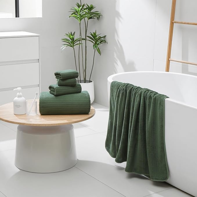 YTYC 39x78 Bath Sheets Extra Large Bath Towels Set for Adults Super Soft Absorbent Striped Microfiber Oversized Bathroom Towels - Olive Green, 6 PCS