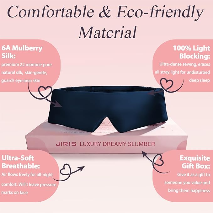 Silk Sleep Eye Mask for Side Sleeper Men Women, Eye Mask Sleeping 100% 22 Momme Pure Mulberry Silk for Travel, Face-Hugging Padded Eye Cover for Sleeping with Adjustable Band-Navy Blue