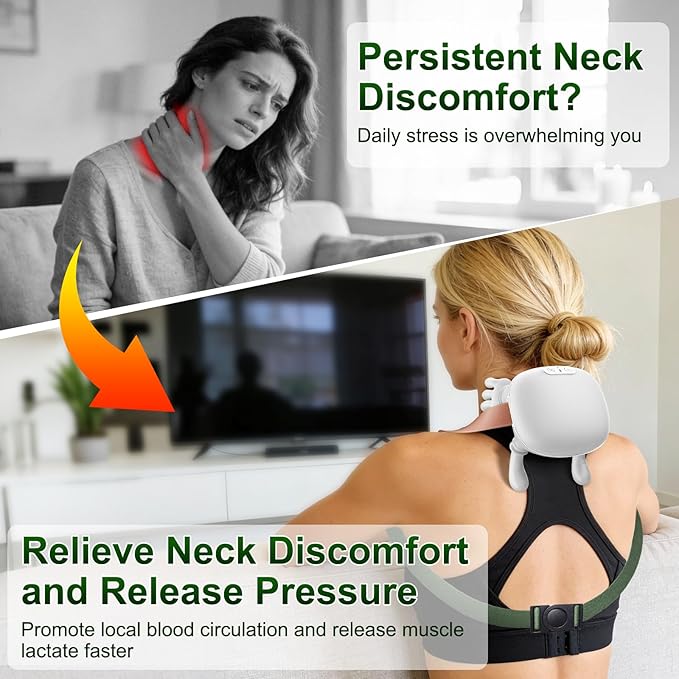 Nooydio Neck Massager, Neck and Back Massager with Heat & 4D Kneading, Shiatsu Deep Tissue Wireless Massager for Shoulder Cervical Pain Relief, Portable Rechargeable for Home Office (White)
