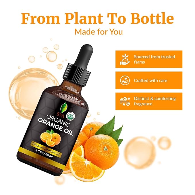 SVA Orange Essential Oil Organic – 2 Fl Oz – 100% Natural Organic Orange Oil - for Diffuser, Hair, Face, Skin Care, Aromatherapy, Scalp and Body Massage, Soap and Candle Making - with Dropper