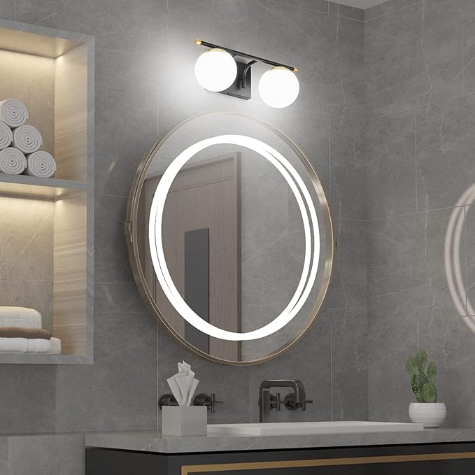Ralbay Black and Gold Bathroom Vanity Light 2-Light Mid Century Modern Vanity Light Fixtures Black Milky Glass Globe Wall Light for Bathroom