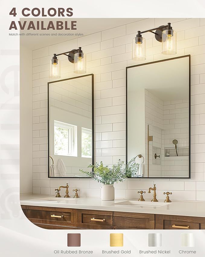 FEMILA Bathroom Vanity Light, Vanity Lighting fixtures, Modern Wall Sconce Bathroom Lighting with Claer Glass Shade, 2-Light Bathroom Light Fixtures, Oil Rubbed Bronze Finish, 4FYC56B-2W ORB