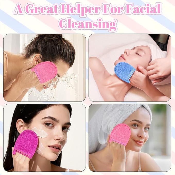 3 Pcs Exfoliating Facial Scrubber Mitt, Face Deep Exfoliating Cleaning Polishing Gloves Facial Cleansing Mitts Dead or Dry Skin Remover Face Cleaning Gloves for Men & Women (Pink, blue, purple)
