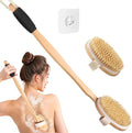 Wood Body Brush Set,19.3’’ Long Handle Bath Body Back Scrubber Soft & Stiff Bristles Detachable 2 Brush Heads Gentle Exfoliator Remove for Wet & Dry Use