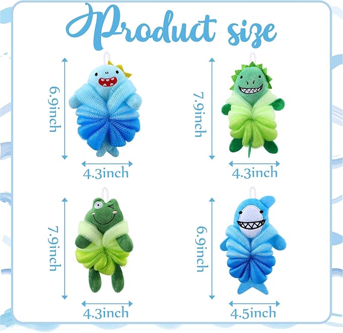 Tatuo 4 Pcs Animal Bath Loofahs Kids Body Loofah Cartoon Shower Cute Bath Sponge Pouf Body Scrubbers Mesh Sponge for Toddler Children Boys Girls Shower Baby Washing Exfoliating (Boys)