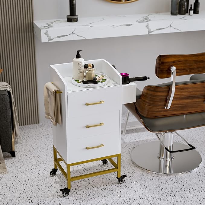 Paddie Beauty Salon Storage Trolley Cart, Glass Top Hair Station Cabinet with Dryer Holder, Lockable Rolling Wheels, Drawer - White