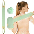 Exfoliating Glove and Back Scrubber for Shower - 3-Piece Exfoliating Mitt Set with Bath Sponge - Deep Skin Cleansing Body Scrubber for Dead Skin Removal, Self-Tan (Green)