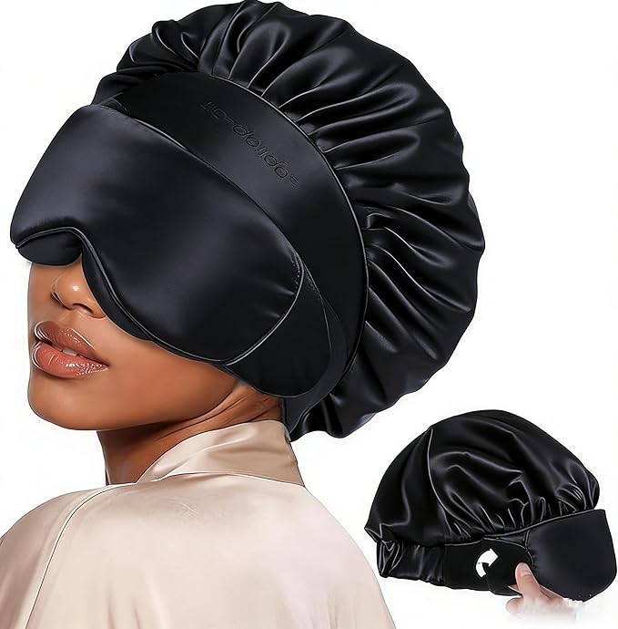 LC-dolida Satin Silk Bonnet for Sleeping Women Men, Hair Bonnet for Curly & Natural with Sleep Mask, Reduce Frizz