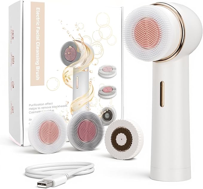 Electric Facial Cleansing Brush, Rechargeable Waterproof Dual Rotating Face Scrubber with 3 Interchangeable Heads, Soft Silicone Face Brush, White