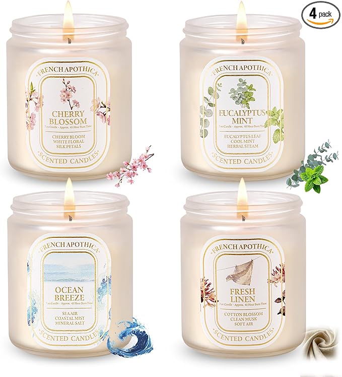 Scented Candle Gift Set, 4 Pack 7oz Natural Soy Wax Aromatherapy Candles, Fresh Linen, Ocean Breeze, Cherry Blossom, Eucalyptus Mint, Ideal Gifts for Women