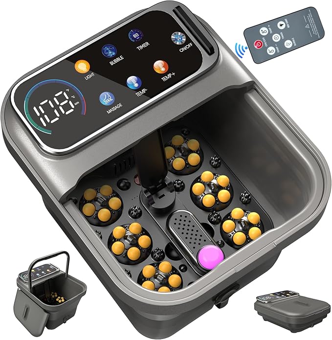 Collapsible Foot Spa Bath with Heat and Massage, Motorized Shiatsu Foot Massager Tub for Plantar Fasciitis & Stress Relief, Temp Control, Bubbles, Remote, Pedicure Spa at Home