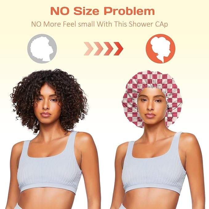 Shower Cap Reusable Double Layer Adjustable Elastic Waterproof EVA Hair Bath Caps for Women Girls Cute Aesthetic-Pink Checkered