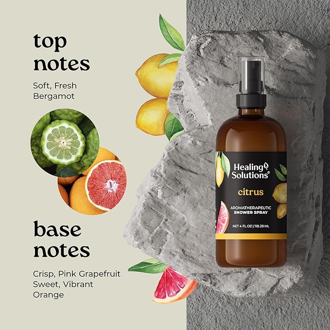 Healing Solutions Aromatherapy Shower Spray, Citrus, 4oz, Therapeutic Grade Essential Oils, Made in the USA, At Home Spa Experience
