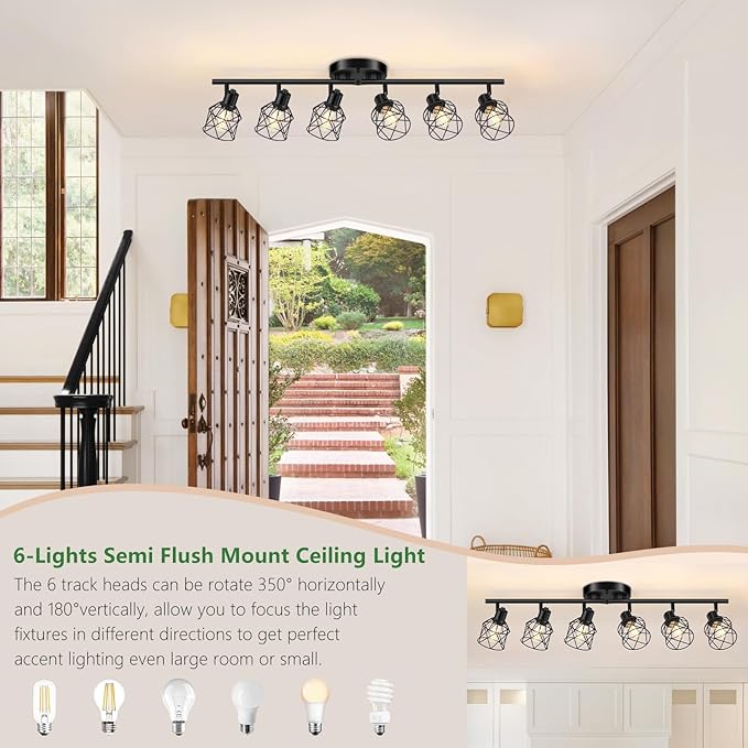 Baocuz 6-Lights Black Semi Flush Mount Ceiling Light, Multi-Directional Ceiling Light Fixtures, Rotatable Kitchen Track Lighting Fixtures with Wire Cages for Living Room, Dining Table, Foyer