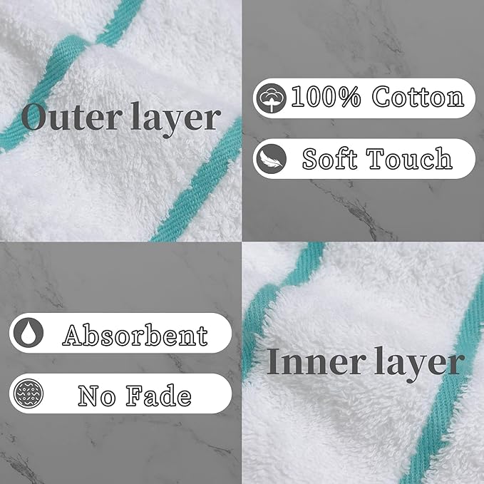 VOOVA & MOVAS 6Pack Bath Mitts for Shower,8.3x6.3 Inch,100% Cotton Soft Absorbent Bath Mitt with Hanging Loop, European Style Wash Cloths for Body Shower & Bath, Aqua Stripe & White
