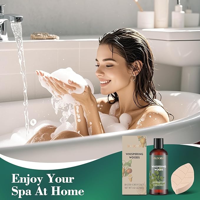 Mothers Day Spa Gift Set for Her - 6Pcs Bath and Body Kit with Shower Gel, Body Lotion, Bath Salt, Scrub, Massage Stick - Whispering Woods Spa Basket for Women Mom Wife Girlfriend