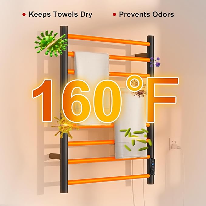 Heated Towel Racks for Bathroom, Wall Mounted Electric Towel Warmer Racks with Timer & Temperature Control, 8 Bar Stainless Steel Towel Heater for Bathroom, Matte Black, Plug-in