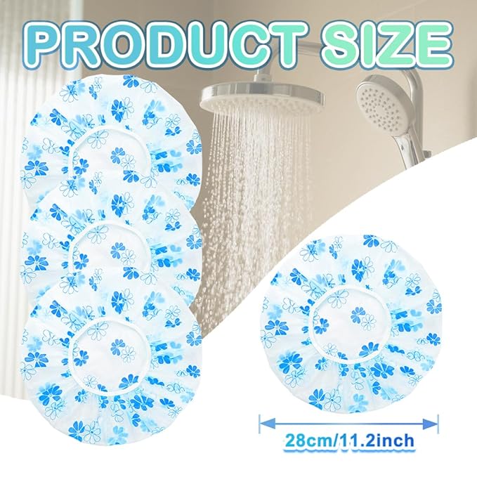 18 Pack Shower Caps for Women,Waterproof Reusable & Disposable Adjustable Bath Caps For Spa Long Hair Travel Saunas (Blue Flowers)