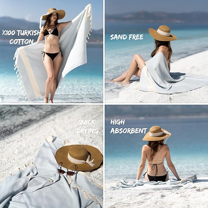 Turkish Beach Towels Oversized Clearance XL 40x71- Sand Free Beach Towel- 100% Cotton Soft Quick Dry Towel- Extra Large Travel and Pool Towels for Adults- Cloud Sandproof, Beach Essentials for Women