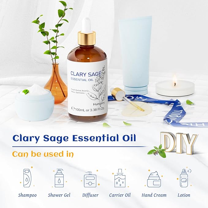 HIQILI Clary Sage Oil Essential, Herbal Sooth Aroma in Diffuse, Meditation, Calming Sleep at Bedtime, Body Massage, Moisturize Skin, DIY Deodorant Spray - 100ML