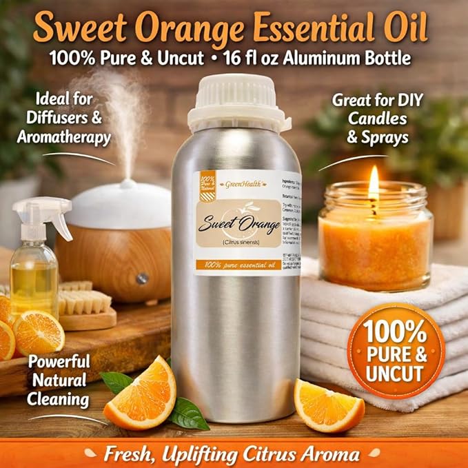 Sweet Orange Essential Oil – 16 fl oz (473 ml) Aluminum Bottle w/Plug Cap – 100% Pure Essential Oil – GreenHealth