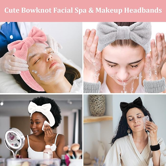CIEHER 12 PCS Makeup Headband for Women Wrist Washband Scrunchies Cuffs for Washing Face, Soft Bow Hair Band Matching WriMakeup Headband for Women stbands (White, Pink, Grey, Black)