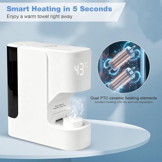 Hot Towel Dispenser, Mini Hot Towel Warmer for SPA, AZ GOGO Hot Face Towel Heater Machine with Smart Voice Alerts, 55°C(131°F) Constant Temp, 5-Second Fast Heating, 20 Compressed Towels