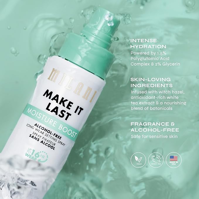 Milani Make It Last Moisture Boost Setting Spray - Alcohol Free Waterproof Makeup Finishing Mist - Hydrating & Soothing Formula for Sensitive Skin - 1 Count