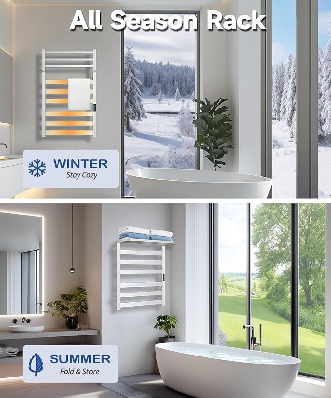 WiFi Heated Towel Rack Wall Mounted, Electric Towel Warmer with Foldable Bracket, Stainless Steel, LED Built-in Timer, Plug-in, Temperature & Timing Control, 6 Bars, Nickel Silver