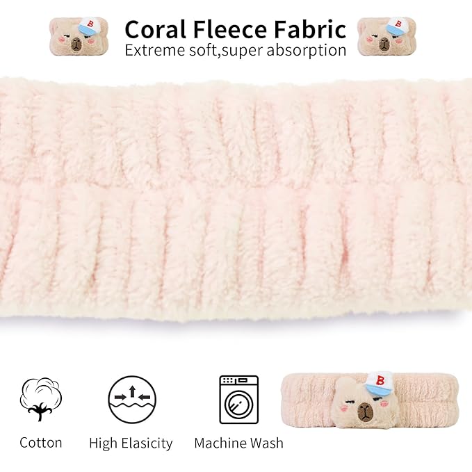 Kawaii Spa Headband and Wristband Set for Women Girls, Cute Halloween Skincare Headbands for Face Washing, Fluffy Makeup Headband for Washing Face Bath Shower and Beauty, Beige Capybara