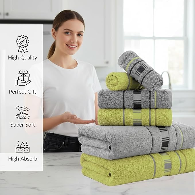 CASA COPENHAGEN X Line 6Pcs 100% Egyptian Cotton Large Designer Towels Gift Set- Grey - Green, 600 GSM, 2Bath 2Hand 2Washcloths, Bath Towels for Bathroom Set for Women & Men