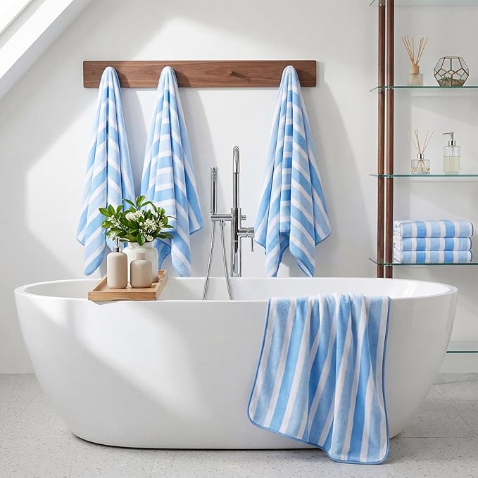 SmoothNovelty 16 Pack Microfiber Bath Towels Bulk 27'' x 60'' Oversized Size Bath Towel Highly Absorbent Extra Large Soft Drying for Beach Shower Summer Salon Sport Gym Party (Wide Stripes,Blue)