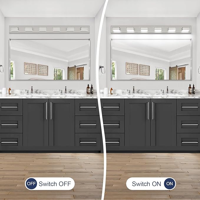 SineRise LED Modern Bathroom Vanity Light Fixtures (6-Light, 48-Inch, Dimmable), Brushed Nickel Modern Acrylic Bathroom Wall Lighting Fixtures Over Mirror (Cool White 6000K)
