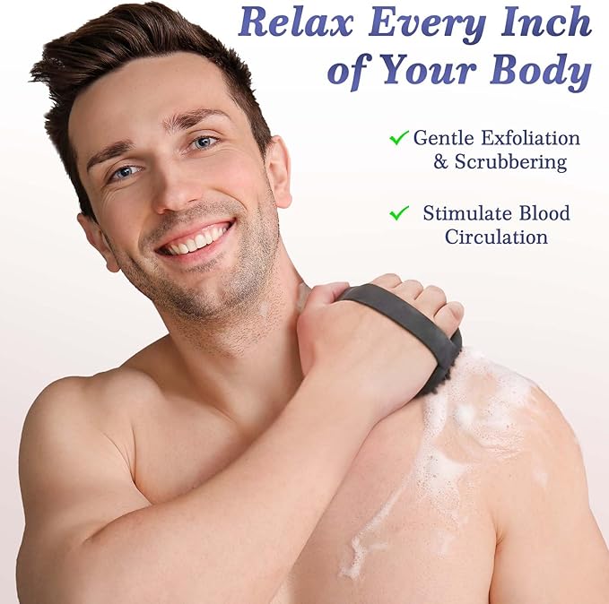 ManmiHealth 2 PCS Silicone Body Scrubber Shower Brush, Upgrade Super-Exfoliating Shower Scrubber with Non-Slip Hand Strap, Silicone Body Buffer for Use in Shower with a Free Hook (Black+Gray)