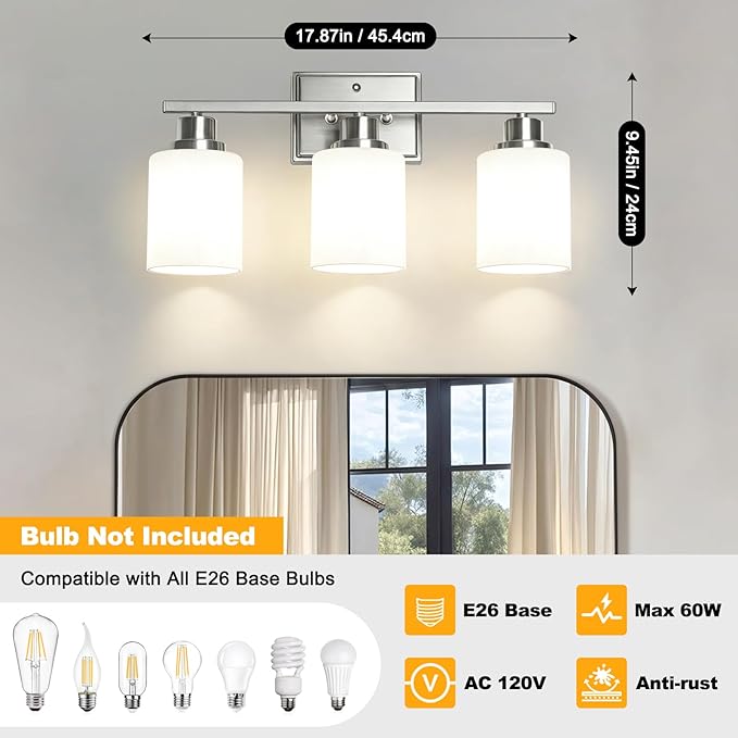 Unicozin 3-Light Bathroom Light Fixtures, Modern Brushed Nickel Vanity Light Over Mirror, Wall Sconces with Milky White Glass Shades for Living Room Bedroom Hallway E26 Base