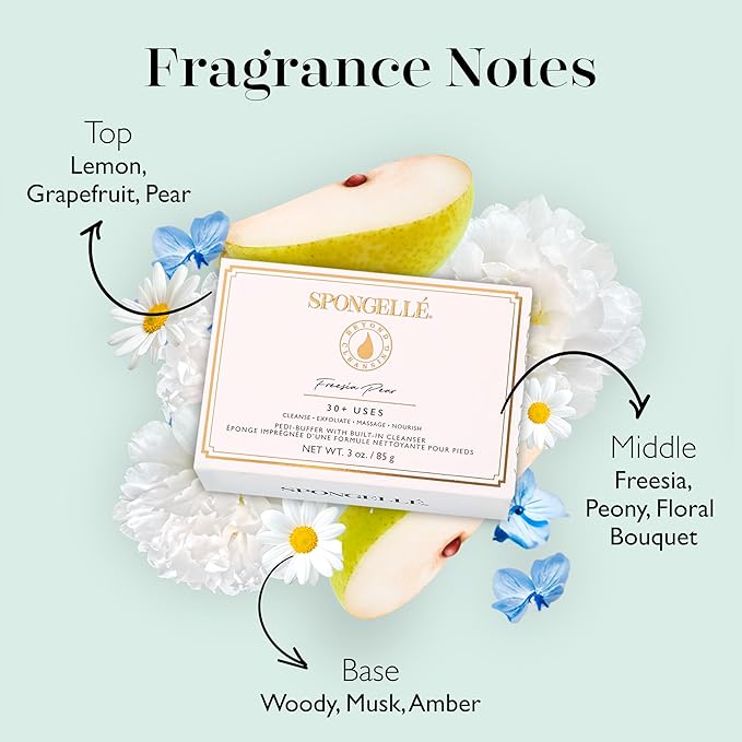 Spongellé Freesia Pear Pedi Buffer Bath Sponge | Exfoliating Foot & Heel Scrub | Cleanse, Exfoliate, and Nourish in One Easy Step | Cruelty-Free, Vegan, Dermatologist-Tested, Made in USA | 30+ uses
