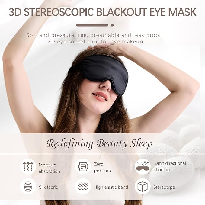 100% Mulberry Silk Sleep Mask as Your Ultimate Silk Eye Mask for Sleeping | Adjuster-Free 3D Contour for Petite Heads (21-23") | Zero Pressure Design | Yueerbao (Black)