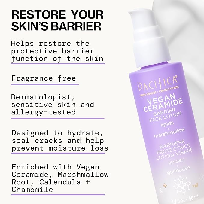 Pacifica Vegan Ceramide Barrier Repair Face Lotion, Hydrating, Lightweight Moisturizer, For Dry Skin, Dermatologist Tested, Safe for Sensitive Skin, Fragrance Free, 100% Vegan + Cruelty Free
